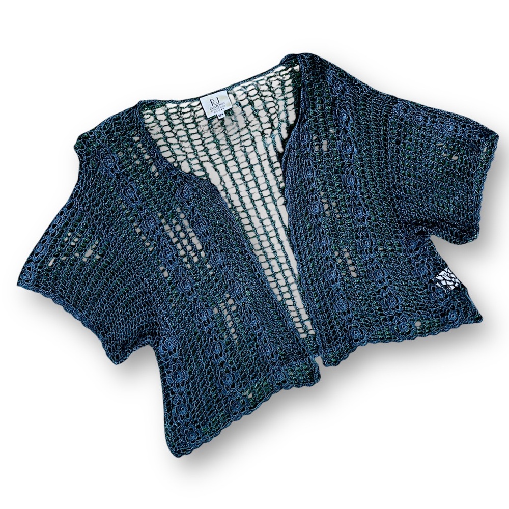 Vintage R.J. Crochet Open-Knit Navy Bolero Shrug